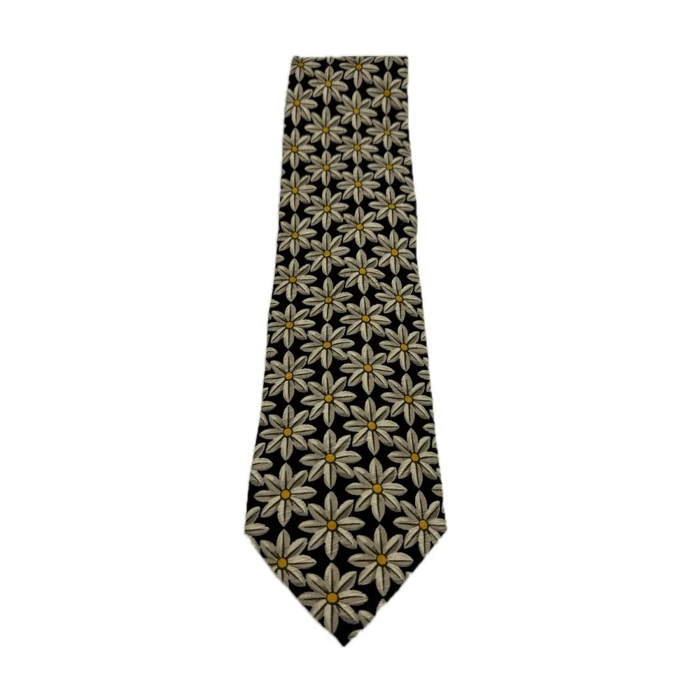Structure‎ La Collezione Mens Silk Tie Navy Blue Cream Yellow Daisy Floral Print
